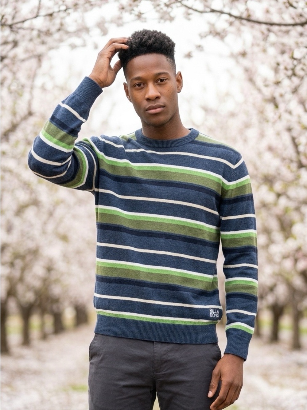 2243 - Billabong Blue Green Striped Crew Neck Sweater - Size Medium